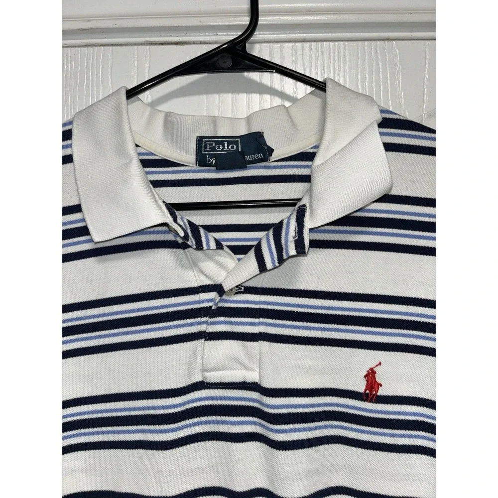 Polo Ralph Lauren Vintage Short Sleeve Polo Shirt Men's XXL White Blue Stripe 90